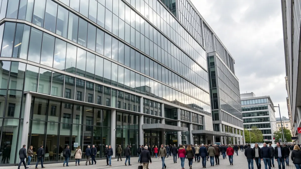 Image générique de la façade d'un bâtiment de bureaux moderne à Bruxelles.