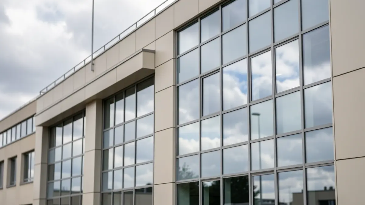 Image générique d'un bâtiment de bureaux moderne en Belgique, reflétant un ciel couvert, symbolisant la logistique internationale.