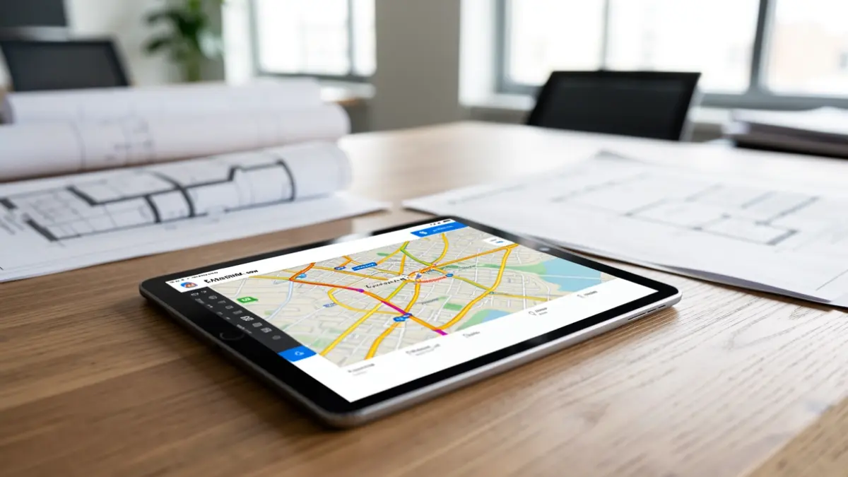 Interface numérique d'une carte piétonne sur une tablette, dans un bureau moderne.