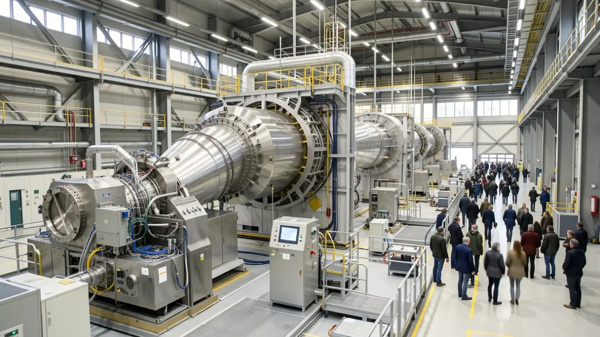 Interior view of a high-tech particle accelerator assembly hall in Wallonia, highlighting the scale and complexity of the scientific equipment.