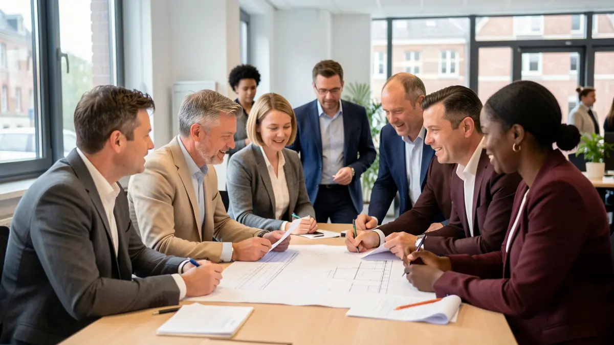 Walloon professionals collaborate in a modern office during the 'Journée Découverte Entreprises'.