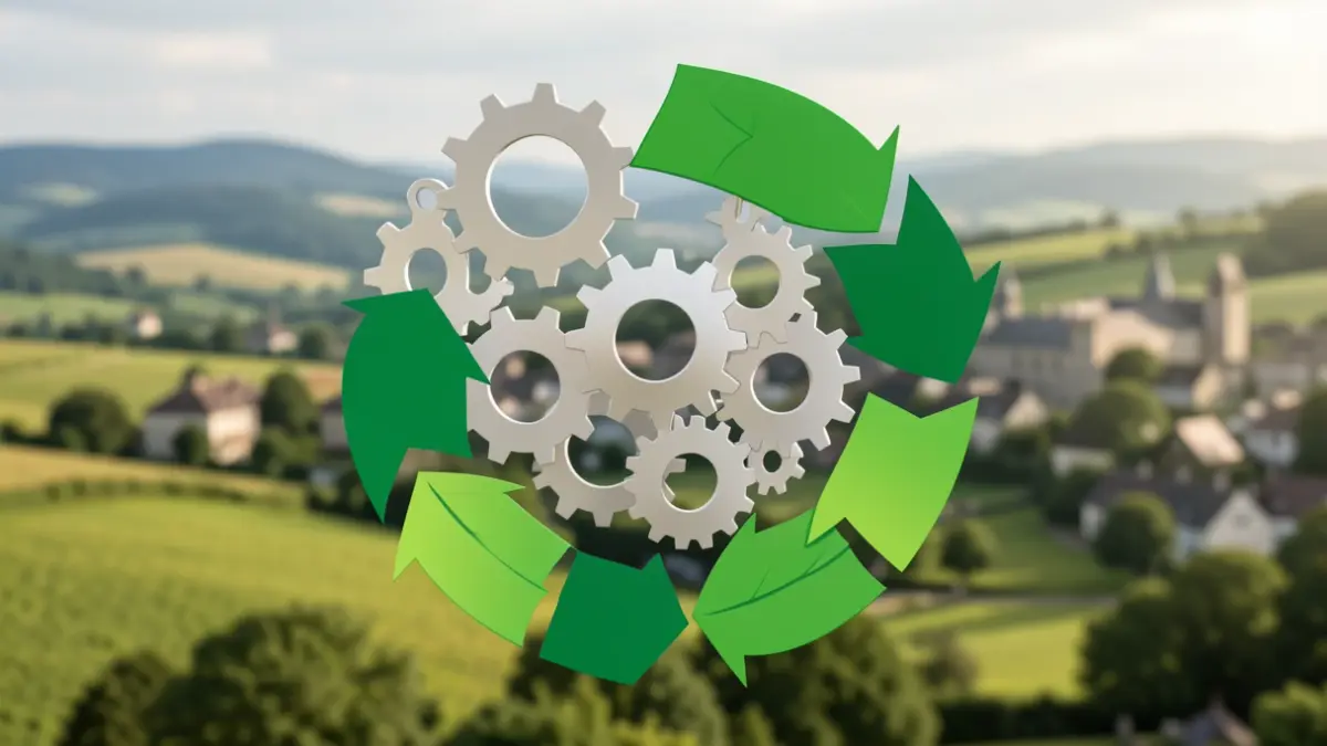 Image générique de symboles d'économie circulaire avec des engrenages et des feuilles vertes sur un paysage wallon stylisé.
