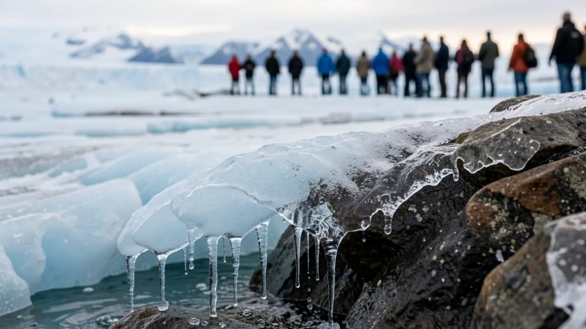 Close-up of a melting glacier edge with water dripping, showing the texture of ice and rock, with a blurred background of a vast icy landscape under a temperate northern sky. Documentary photography style.