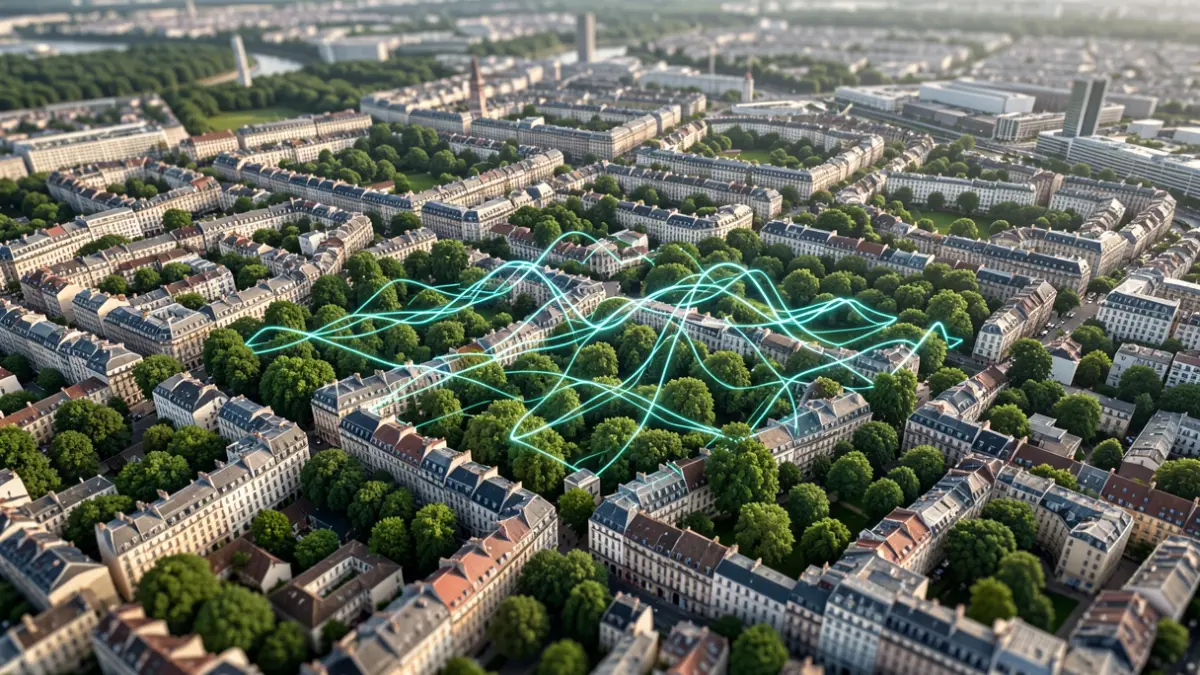 Satellite image of a dense urban area with green patches representing trees, analyzed by artificial intelligence to identify species.