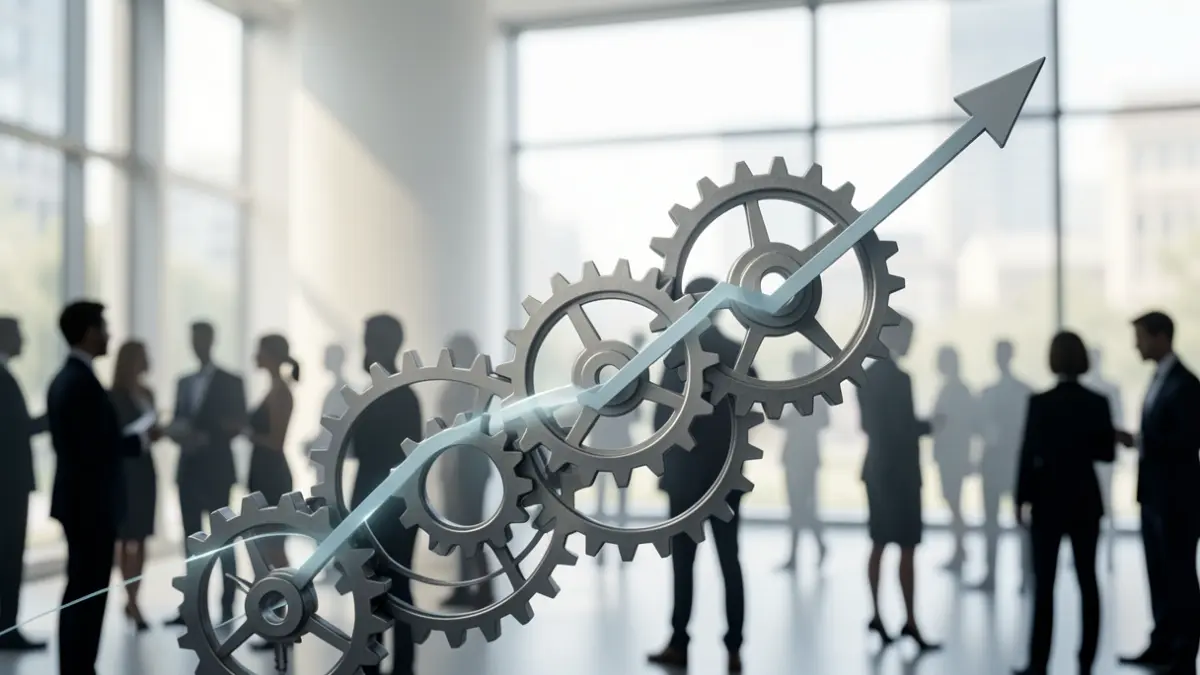 Generic image of the evolution of the Belgian labor market, featuring gears symbolizing economic sectors and professional silhouettes.