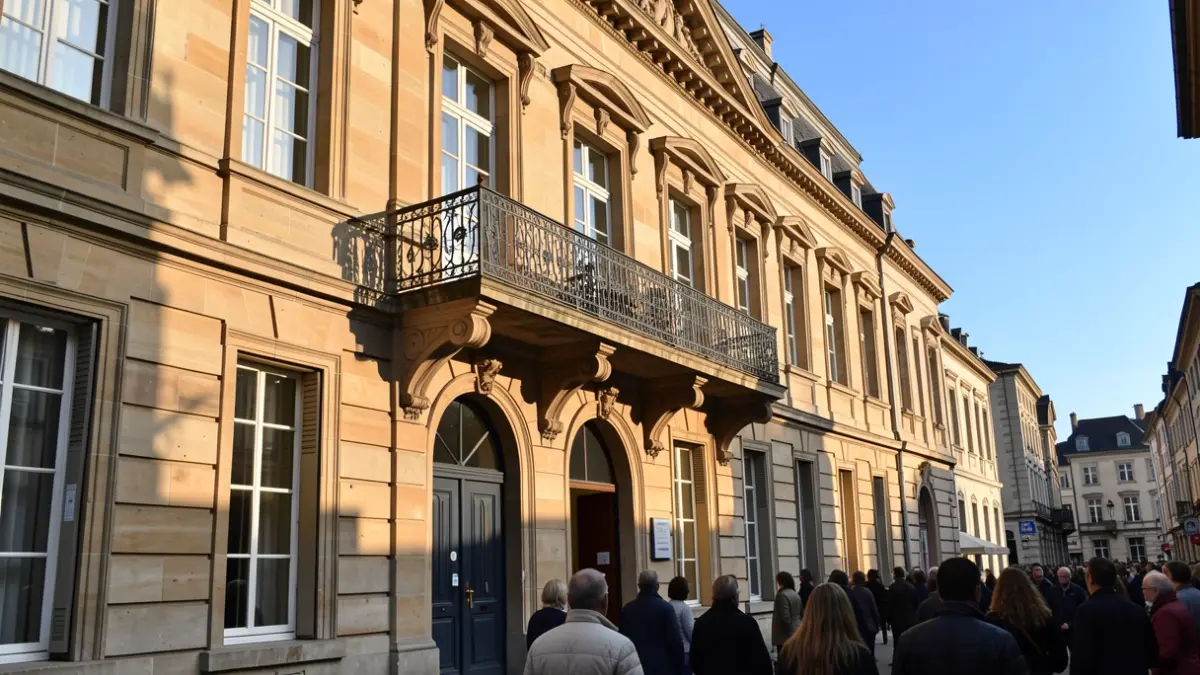 Façade d'un hôtel de ville belge avec balcon orné et balustrade en fer forgé, lumière chaude de l'après-midi.