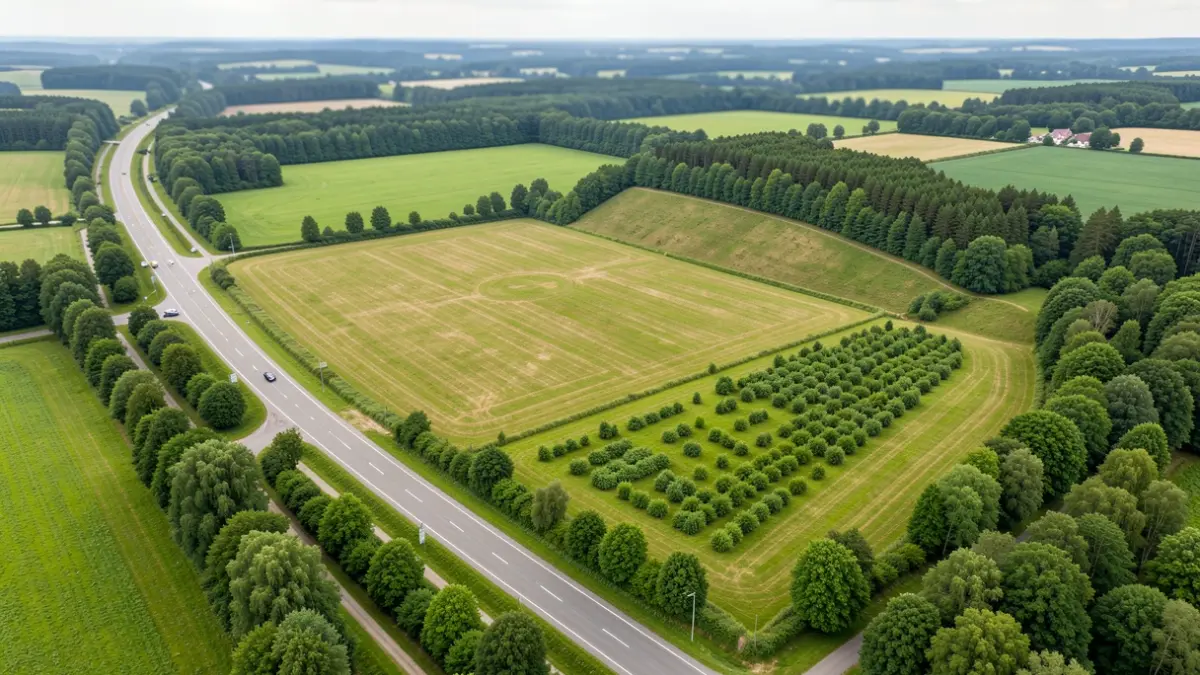 Aerial view of a large plot of land along the N30 in Manhay, divided into economic and leisure zones, in a typical Walloon landscape.