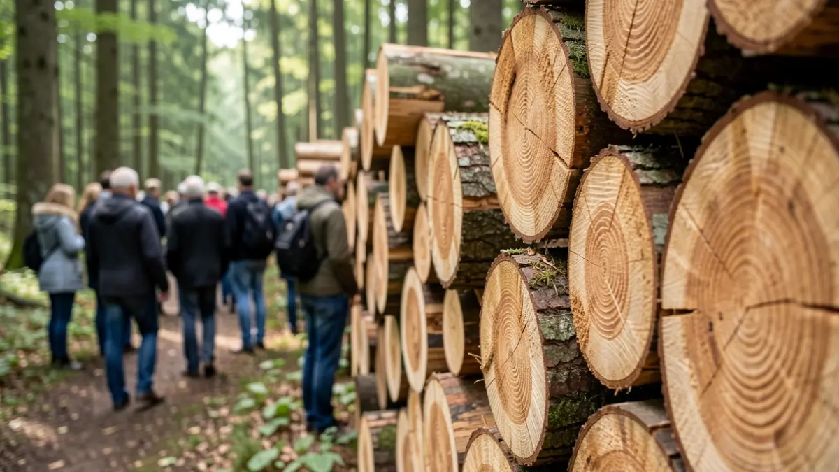 Generic image of stacked timber logs in a forest.