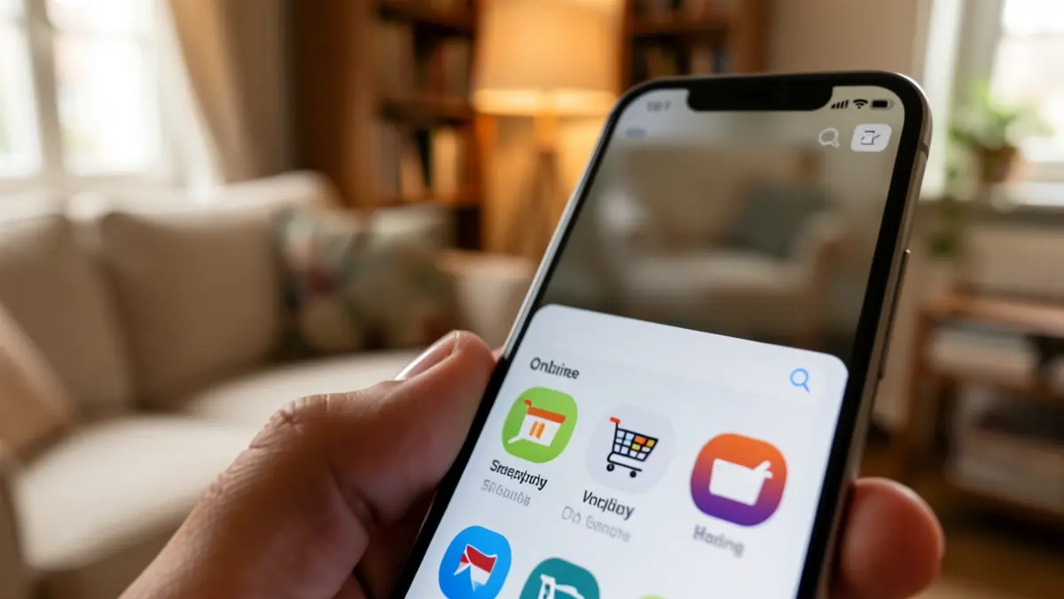 Image générique d'un écran de smartphone affichant des icônes d'achat en ligne et un panier, avec un arrière-plan flou d'un salon confortable. Lumière douce et chaude.