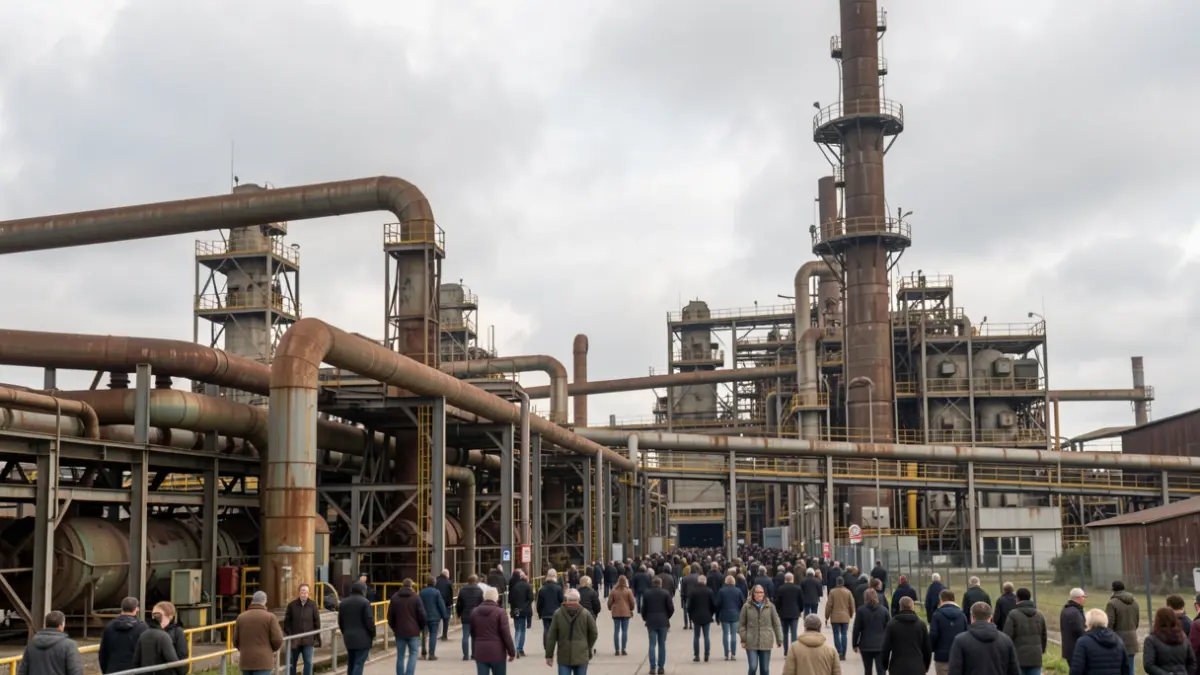 Overview of a steel plant in Flémalle, with industrial structures under an overcast sky.