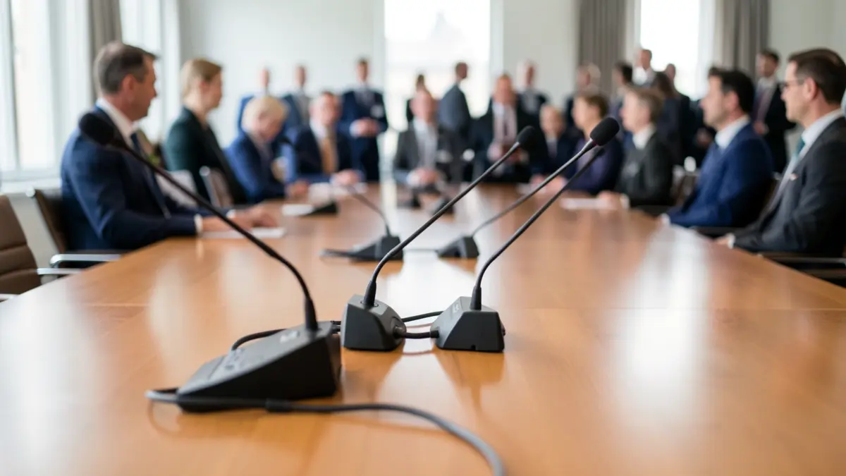 Image générique de salle de conférence européenne avec table, microphones et personnes en arrière-plan flou.