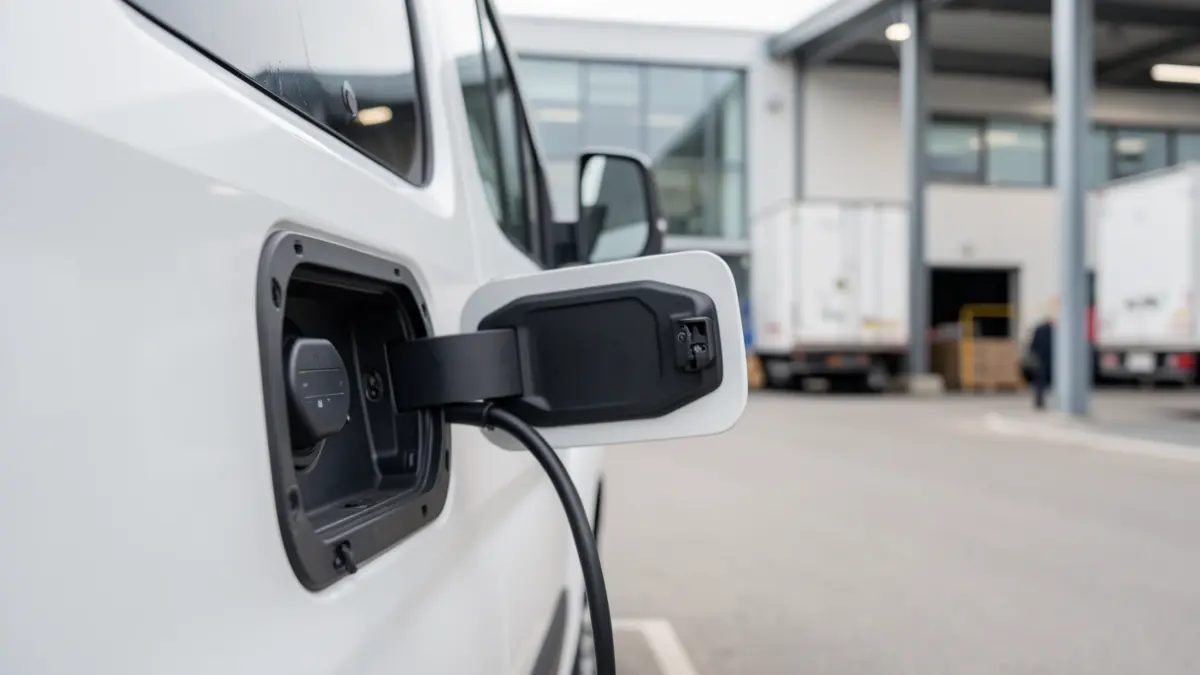 Generic image of an electric van's charging port in a modern Belgian logistics center, with soft northern light.