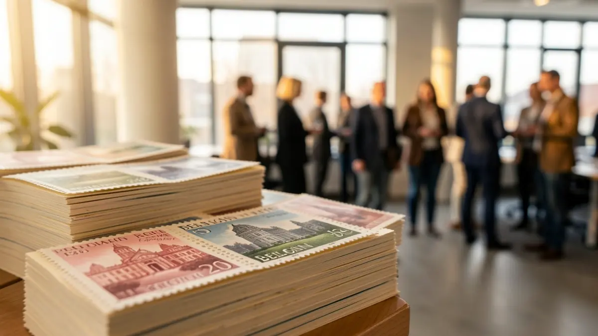 Generic image of Belgian stamps with a modern office in the background.