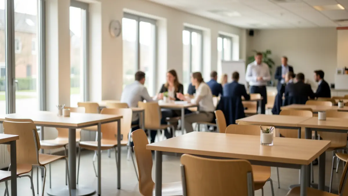 Image générique d'une cafétéria moderne lors d'un déjeuner-rencontre professionnel en Wallonie.