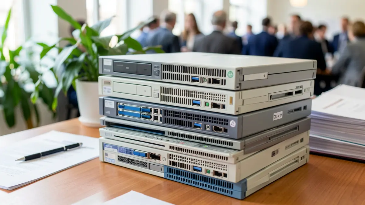 Close-up of a stack of reconditioned computers and office supplies on a wooden desk, with blurred green plants and a partially visible document in the background, representing circular economy in public procurement. Soft, natural lighting.