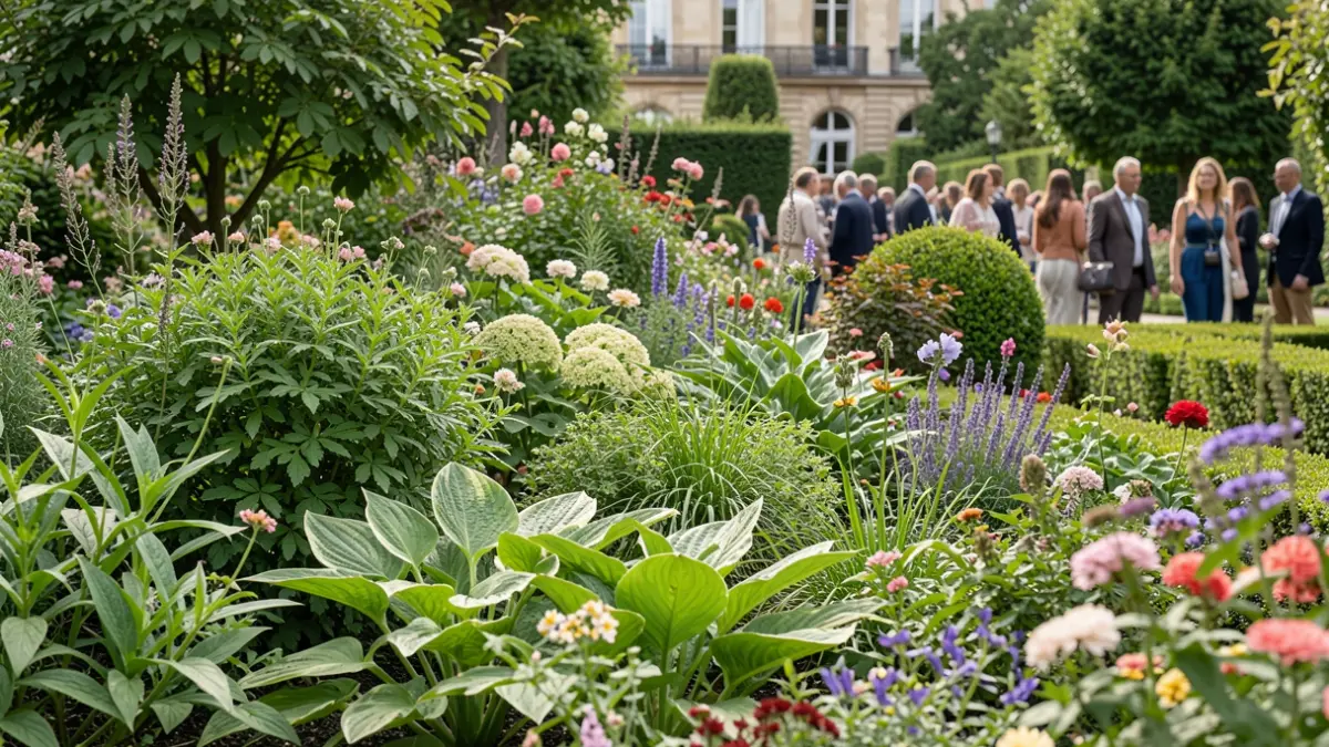 Generic image of a close-up of a lush, well-maintained garden with diverse plants and flowers, bathed in soft, natural light. Focus on vibrant green foliage and colorful blooms, suggesting meticulous care and artistry. No people or buildings visible.