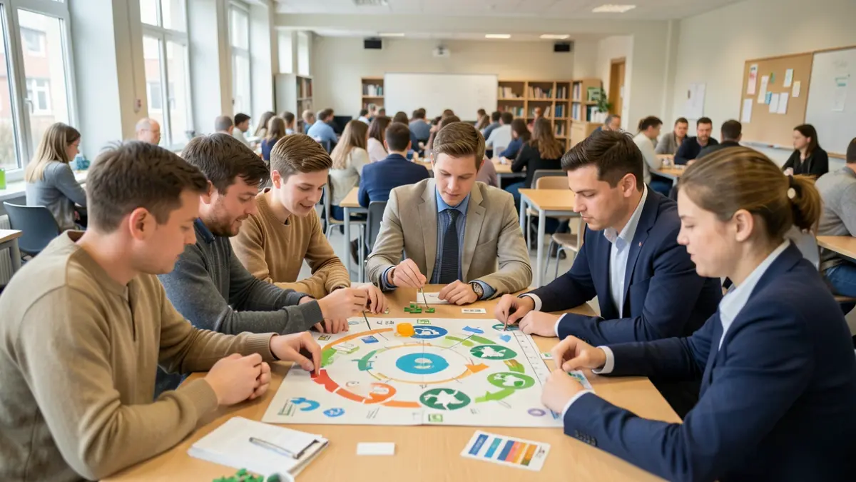 Students collaborate around a table playing a business management simulation board game with circular economy elements, set in a modern classroom in Wallonia.