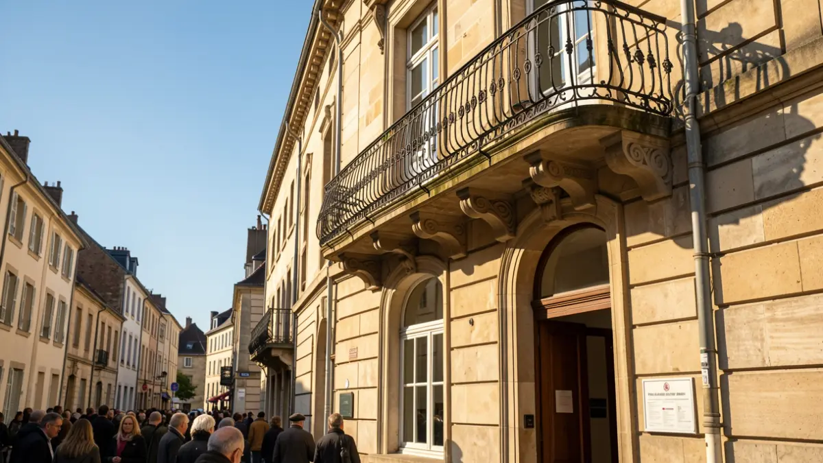 Facade of a Belgian francophone town hall with ornate balcony and iron railings, warm afternoon light.