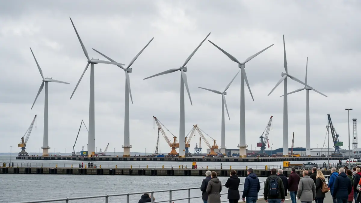 Eight modern wind turbines being installed in the port of Zeebrugge, with cranes and construction equipment. Overcast sky typical of Northern Europe.
