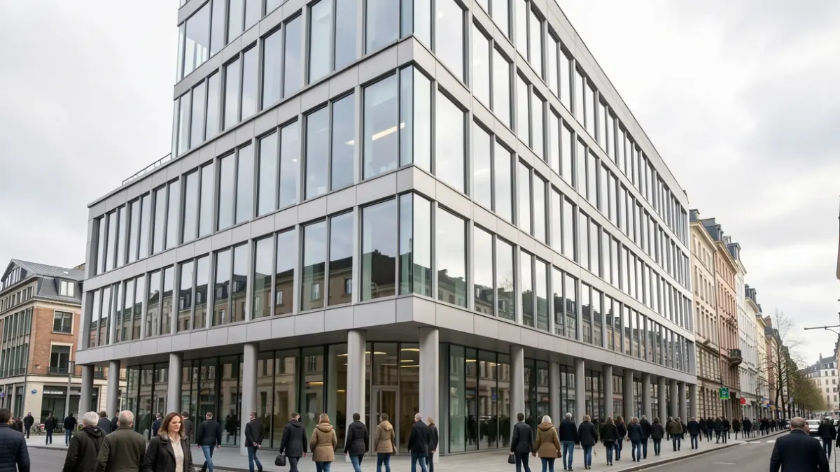 Generic image of a modern Belgian office building facade with large windows and soft, overcast light.
