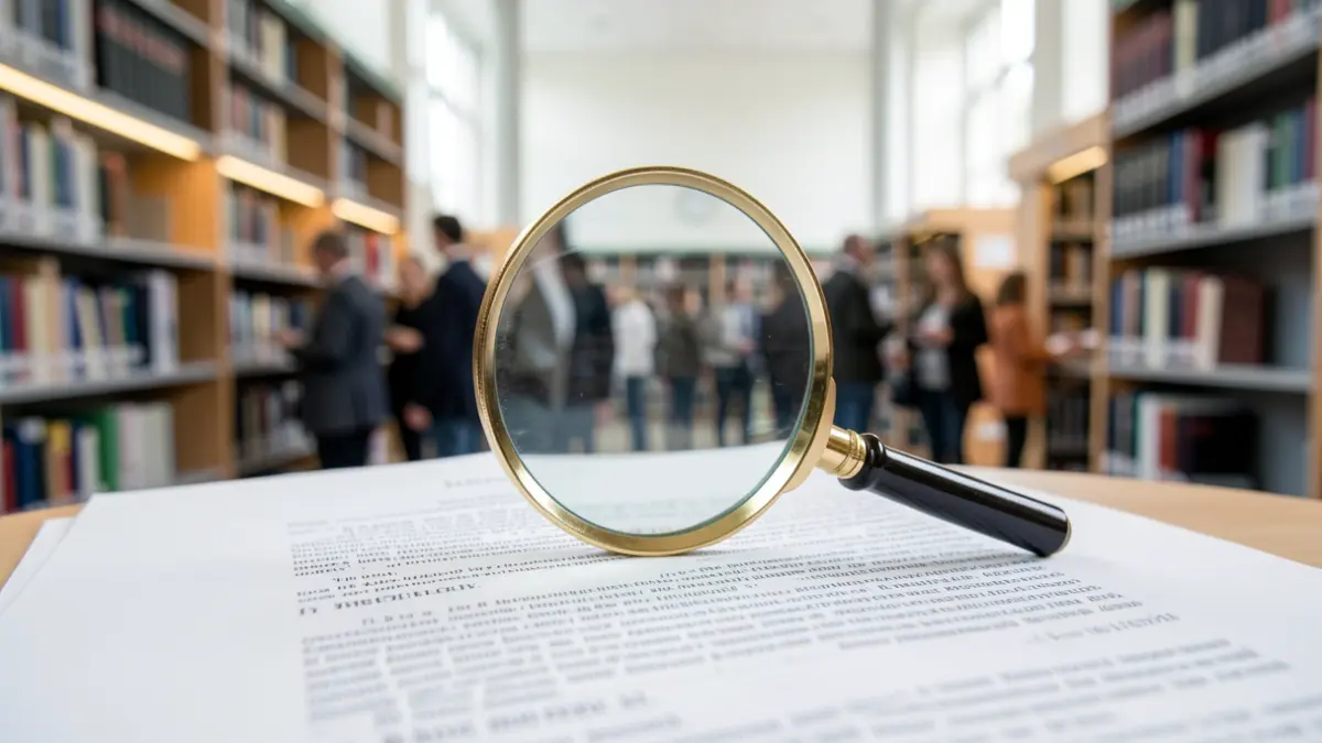 Close-up of a legal document with a magnifying glass hovering over text, blurred background of a modern university library with bookshelves, soft northern light, documentary photography style.