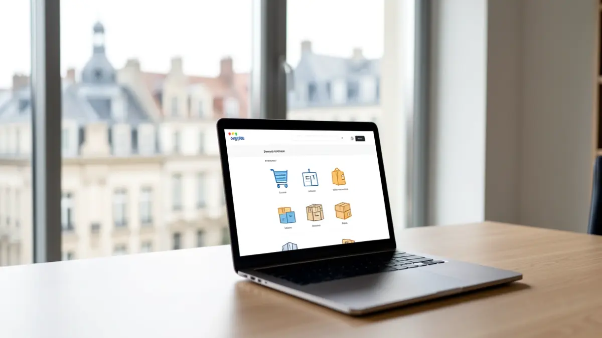 Generic image of a modern office with a laptop displaying a simplified e-commerce interface and shipping icons, with a blurred Belgian cityscape visible through the window. Natural northern light.