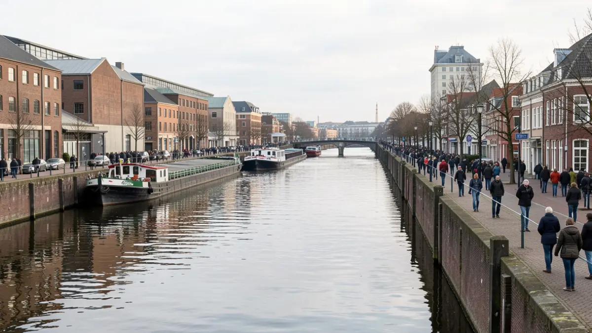 Generic image of the Brussels canal, a strategic economic axis for industrial renaissance, featuring industrial buildings and barges.