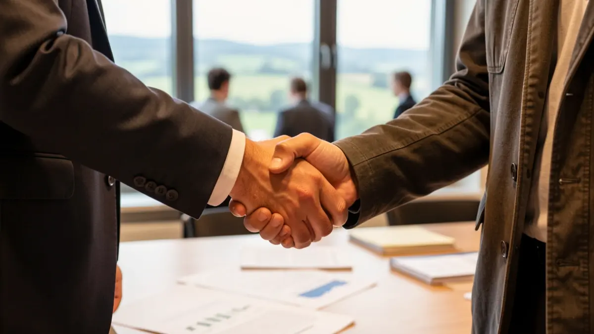 Generic image of a handshake between two business people, over a desk with documents and a blurred landscape.