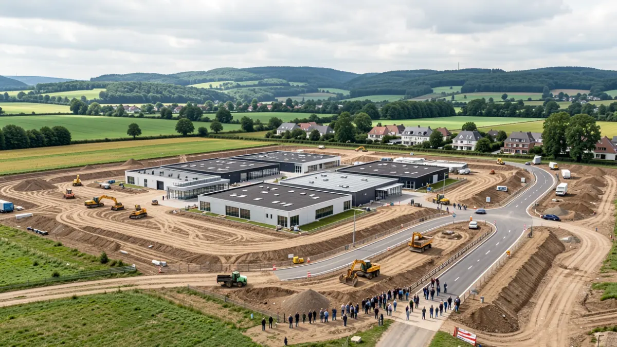 Image générique de chantier de construction d'un parc d'activités économiques en Wallonie, avec des engins de chantier et des routes en cours d'aménagement.