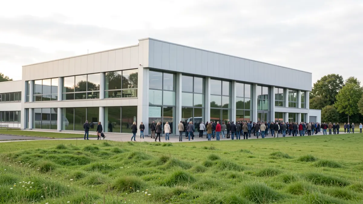 Image générique d'une façade d'usine moderne dans un paysage verdoyant.