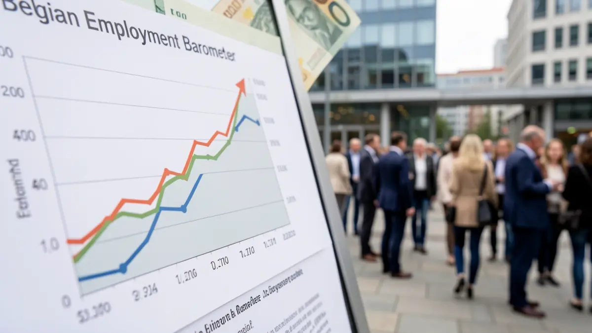 Generic image of Belgian economic graphs showing an upward trend, with subtle background elements of Belgian currency and office buildings. Soft, professional lighting.