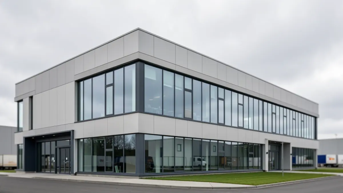 Image générique de la façade d'un immeuble de bureaux moderne en Belgique, avec de grandes fenêtres et des lignes épurées, reflétant un ciel légèrement couvert.