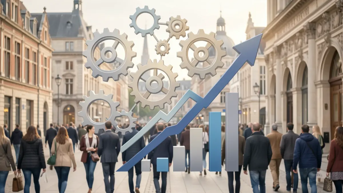Image générique représentant le soutien aux entreprises et la croissance économique à Bruxelles, avec des éléments symboliques comme des engrenages et des graphiques.