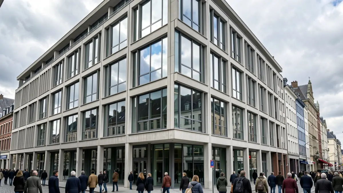Generic image of a modern office building facade in a Belgian city, with large windows reflecting a cloudy northern sky. Documentary photography style.