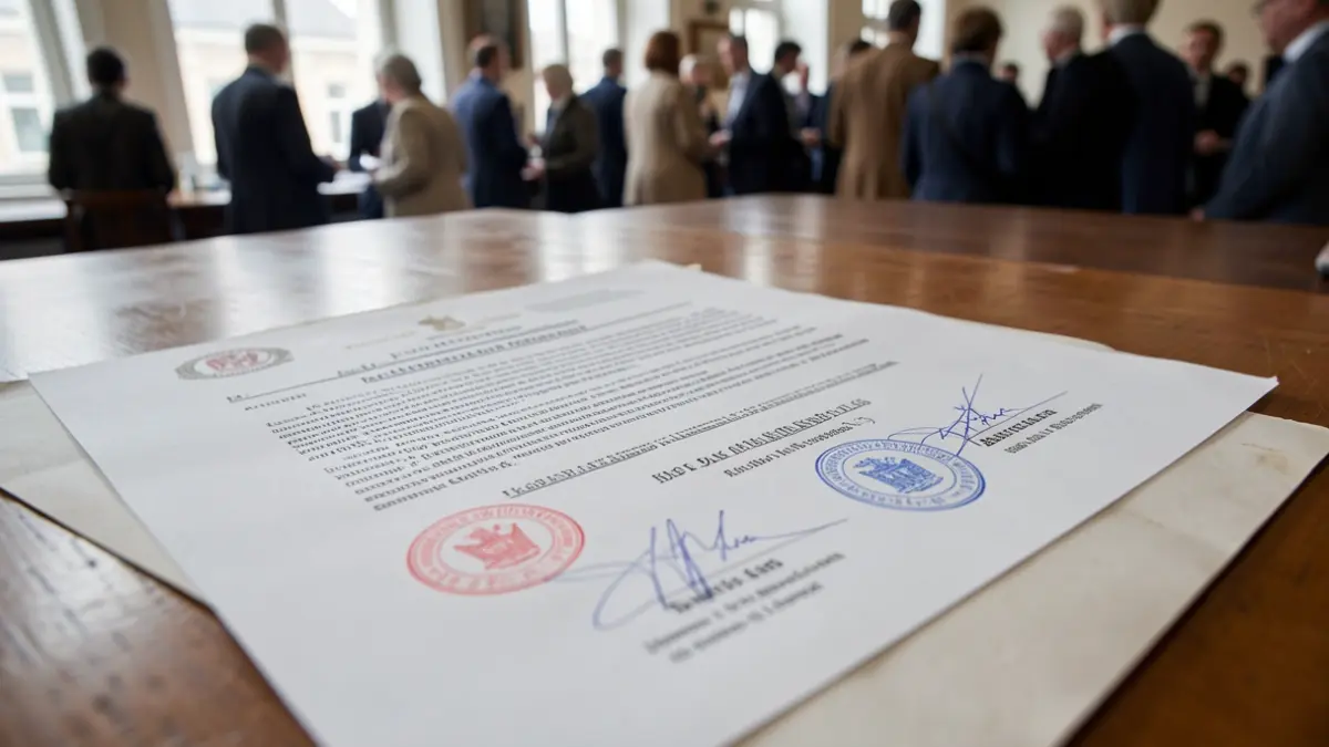 Image générique de documents officiels avec des sceaux et des tampons sur un bureau en bois, éclairée par une lumière douce du nord.