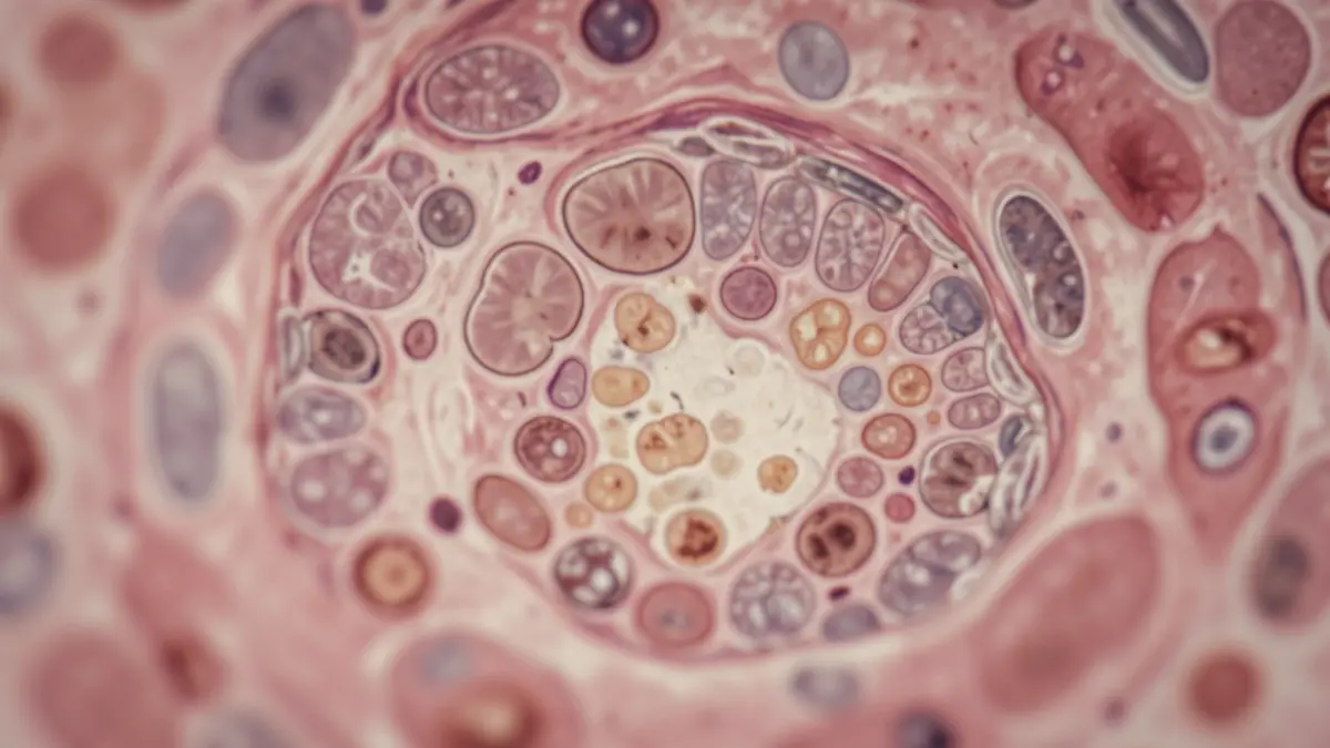 Generic image of microscopic breast tissue with microcalcifications and their surrounding environment, scientific illustration style.