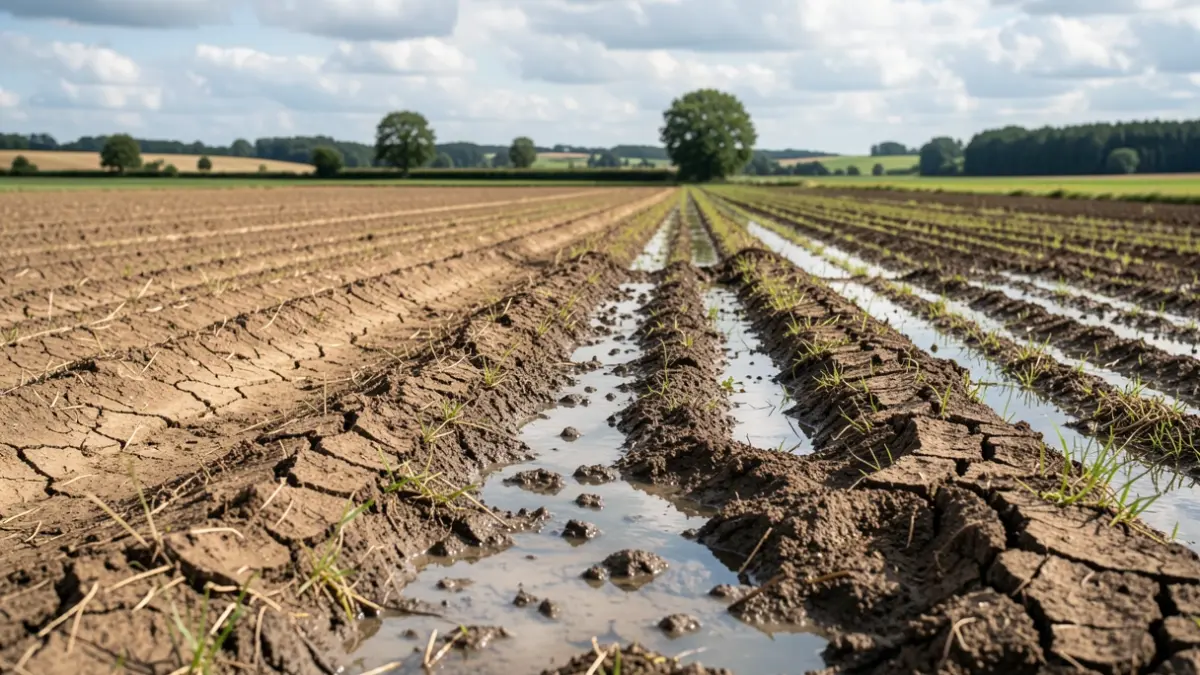Generic image of fields in Belgium showing contrasting soil conditions, some dry and cracked, others waterlogged, under a partly cloudy sky.