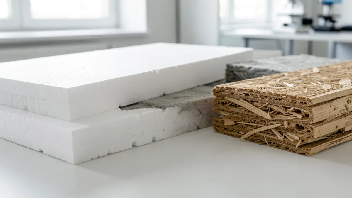Generic image of various insulation material samples, including expanded polystyrene (EPS), mineral wool, and wood fibre, laid out on a clean, modern laboratory table. Soft, diffused northern light.