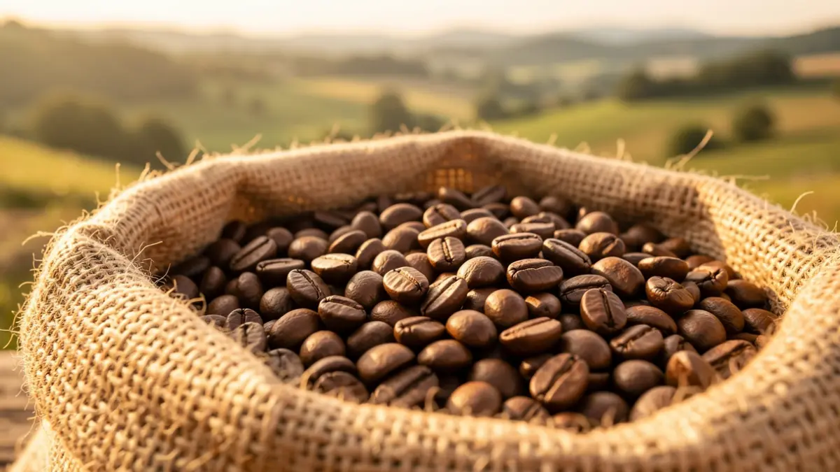 Generic image of roasted coffee beans in a burlap sack, warm ambient light, shallow depth of field.