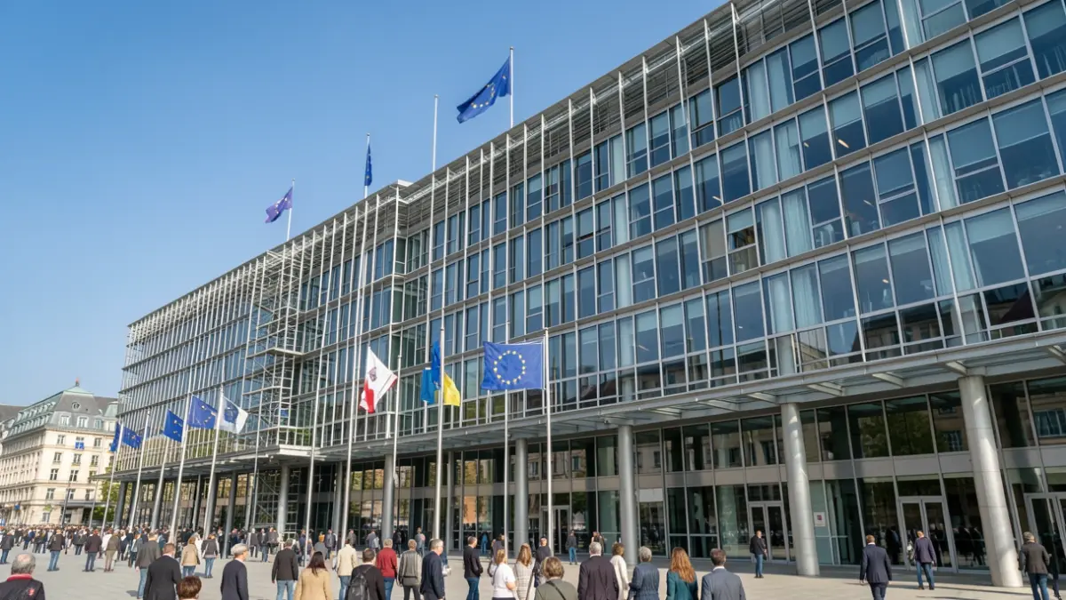 Generic image of a European Commission building facade in Brussels, clear blue sky, symbolizing international trade agreements.
